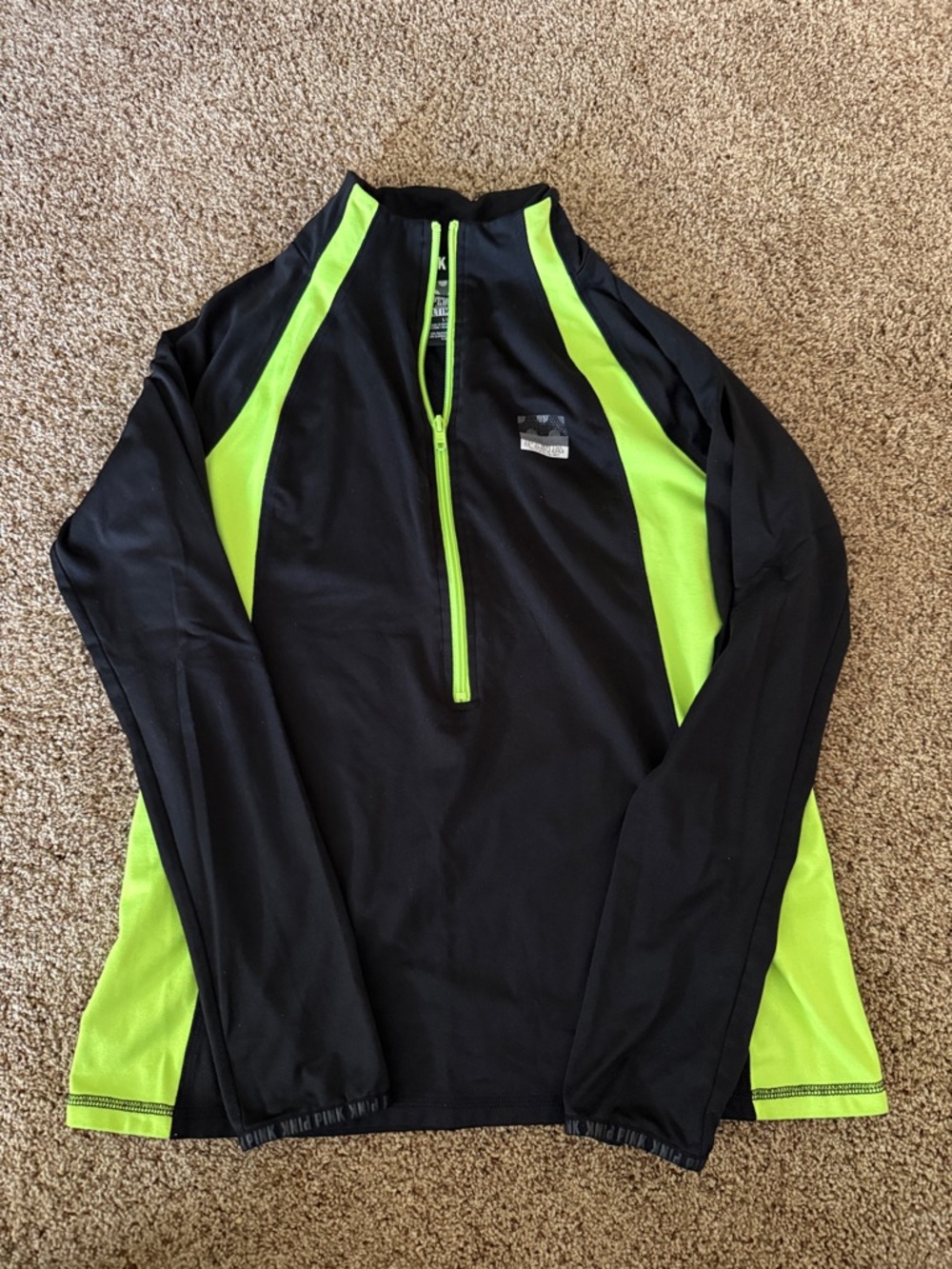 PINK Victoria's Secret Black & Neon Green Long-Sleeve Zip-Front Top